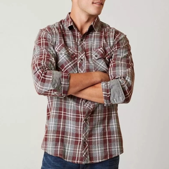 OUTPOST MAKERS flannel shirt Maroon and gray men's size large - Picture 2 of 13